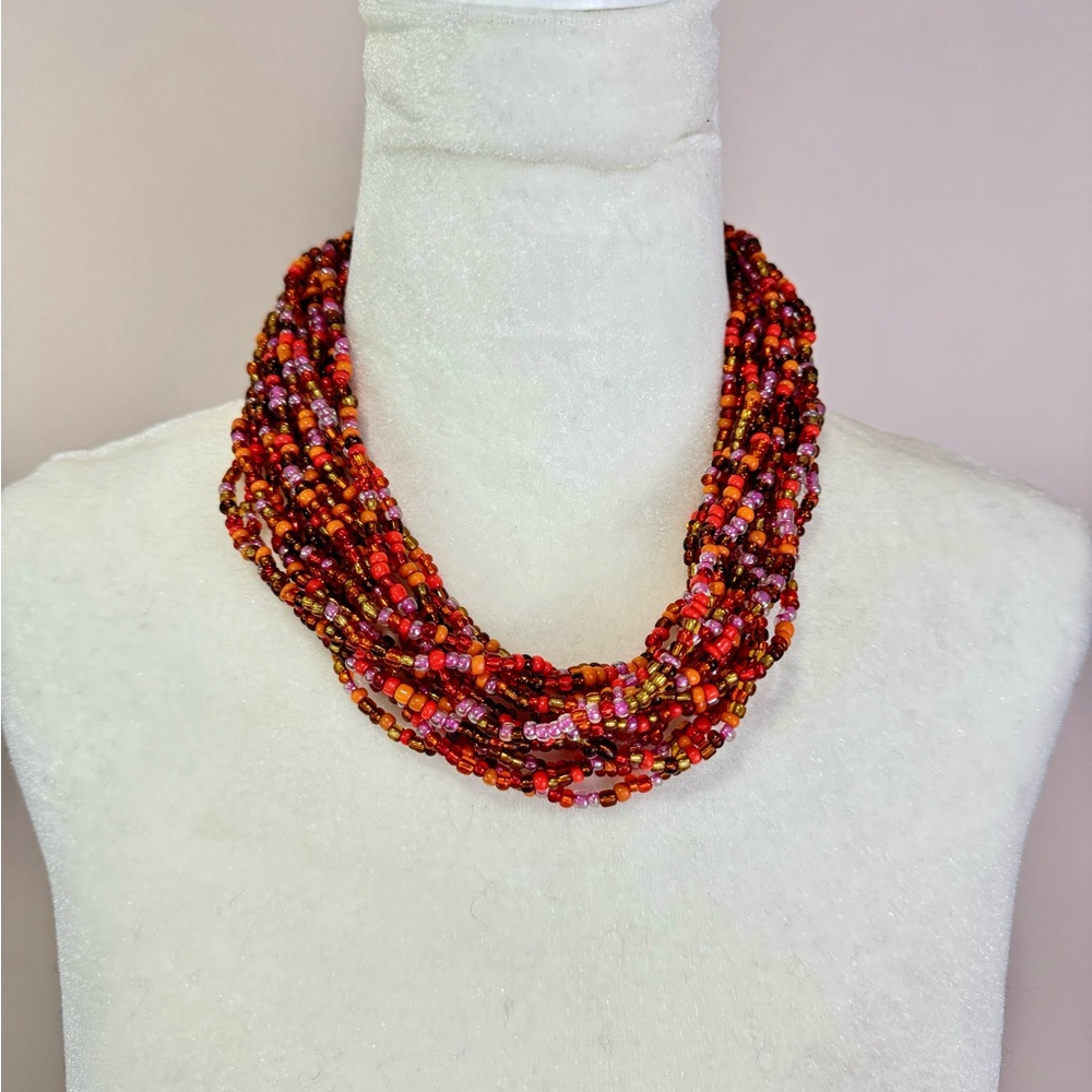 Multi Strand Multicolor Beaded Necklace Orange red copper beads